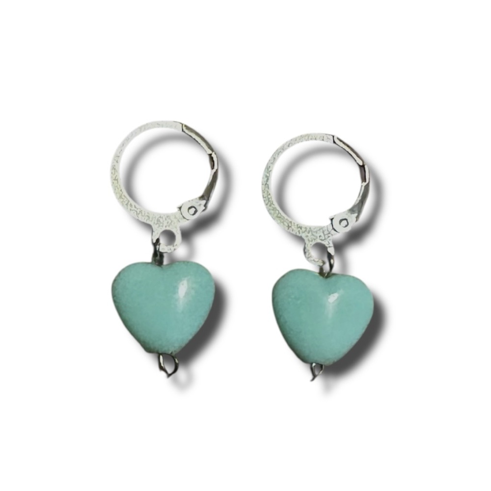 3 FOR $10 HANDCRAFTED Mint Green Heart-Shaped Silver Hoop Earrings